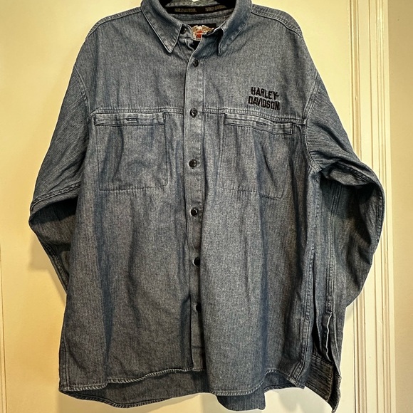 VTG ‘04 Harley Davidson Mens XL Blue Button Up Long Sleeve Denim Embroidered. - Picture 2 of 16